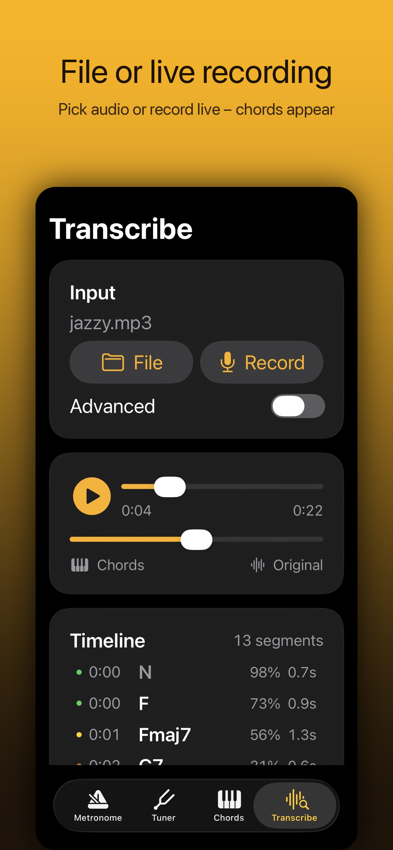 Bravo Nota Transcribe screen showing chord timeline