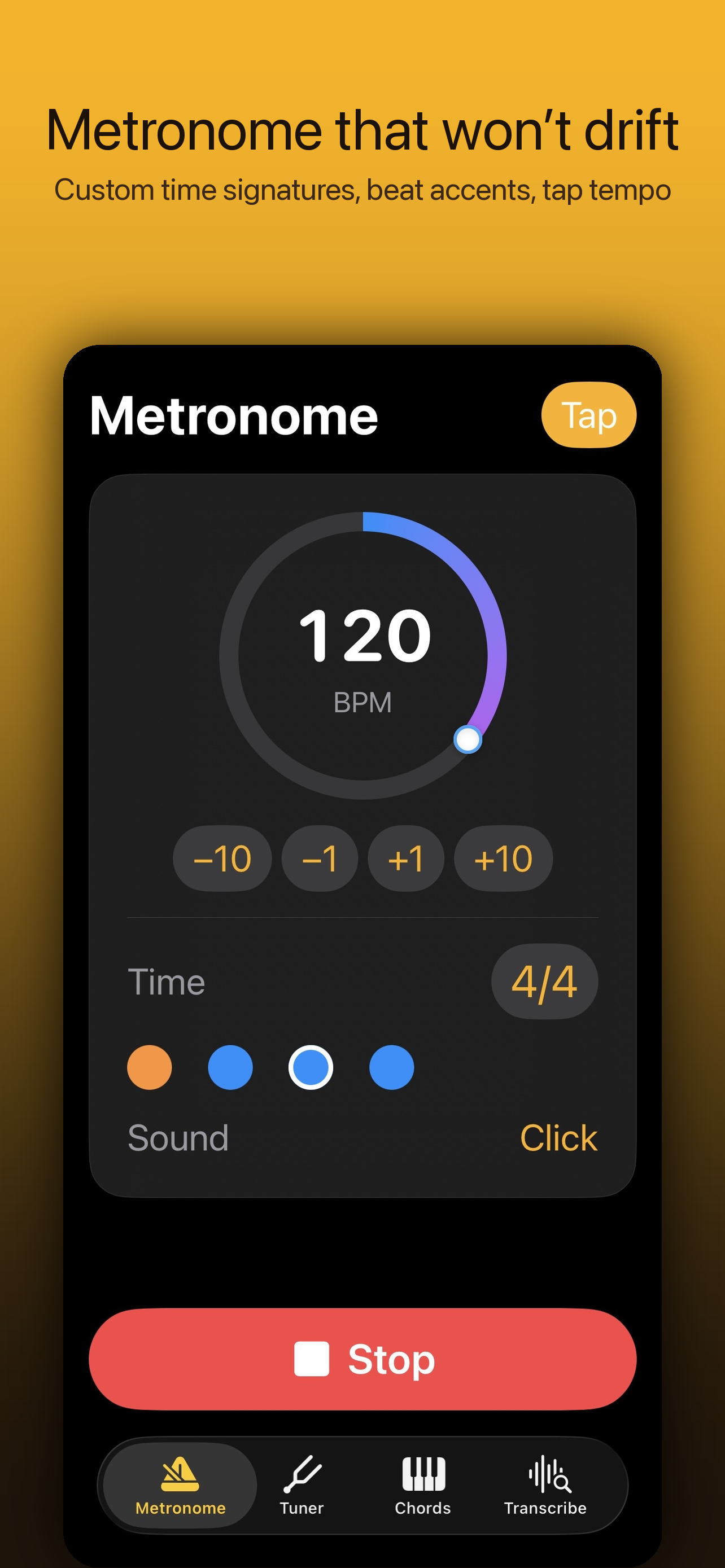 Bravo Nota Metronome screen at 120 BPM