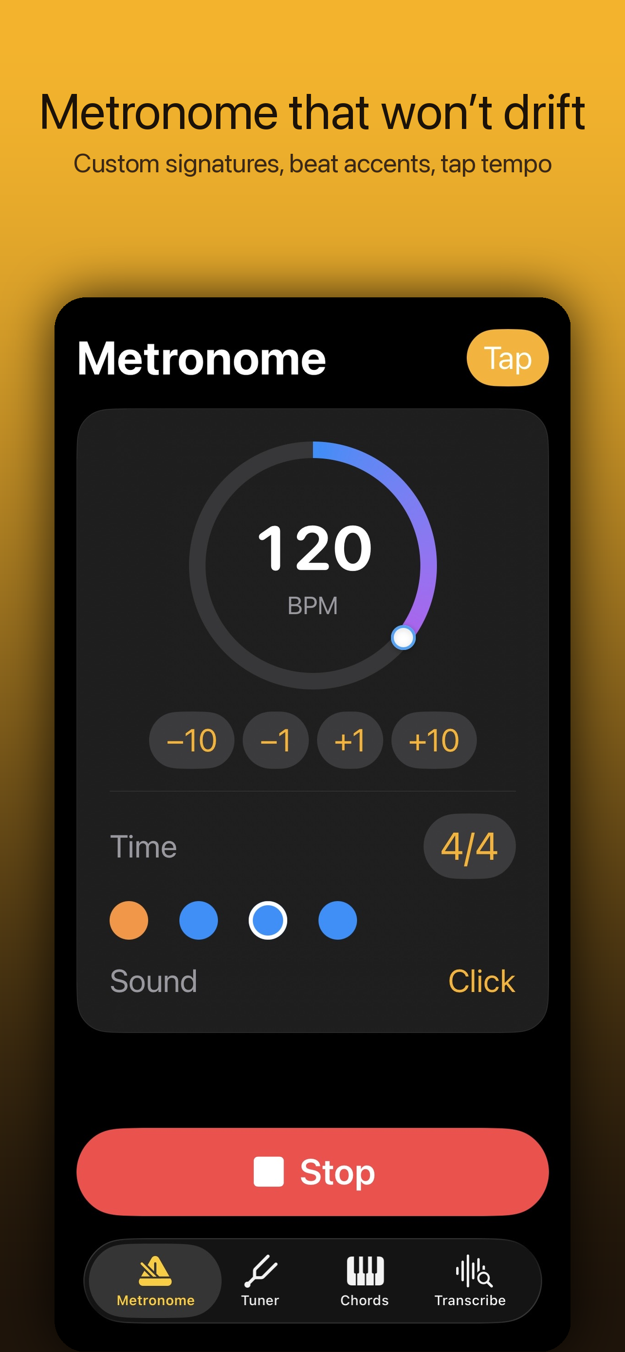 Bravo Nota Metronome screen at 120 BPM with beat dots