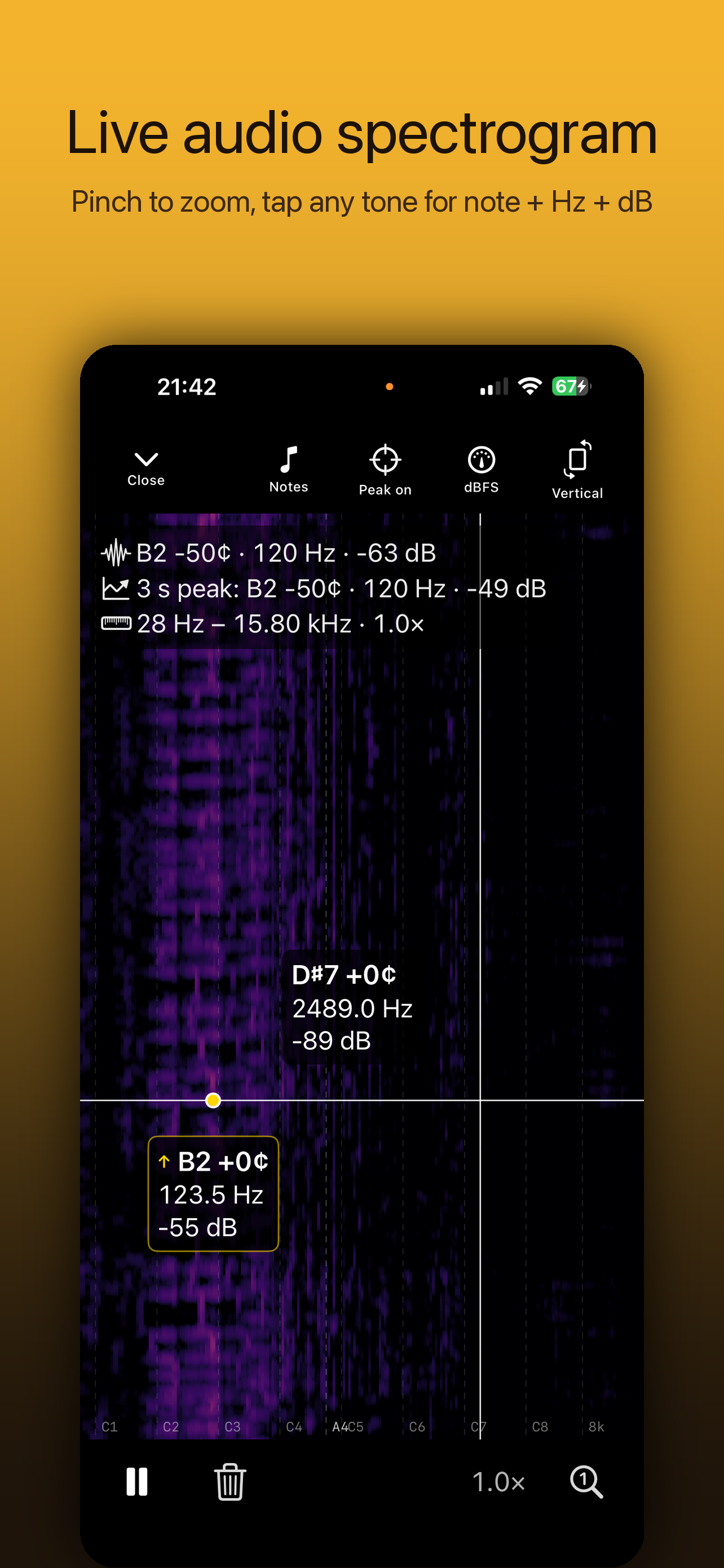 Bravo Nota live audio spectrogram with peak-on markers, Hz and dB readouts